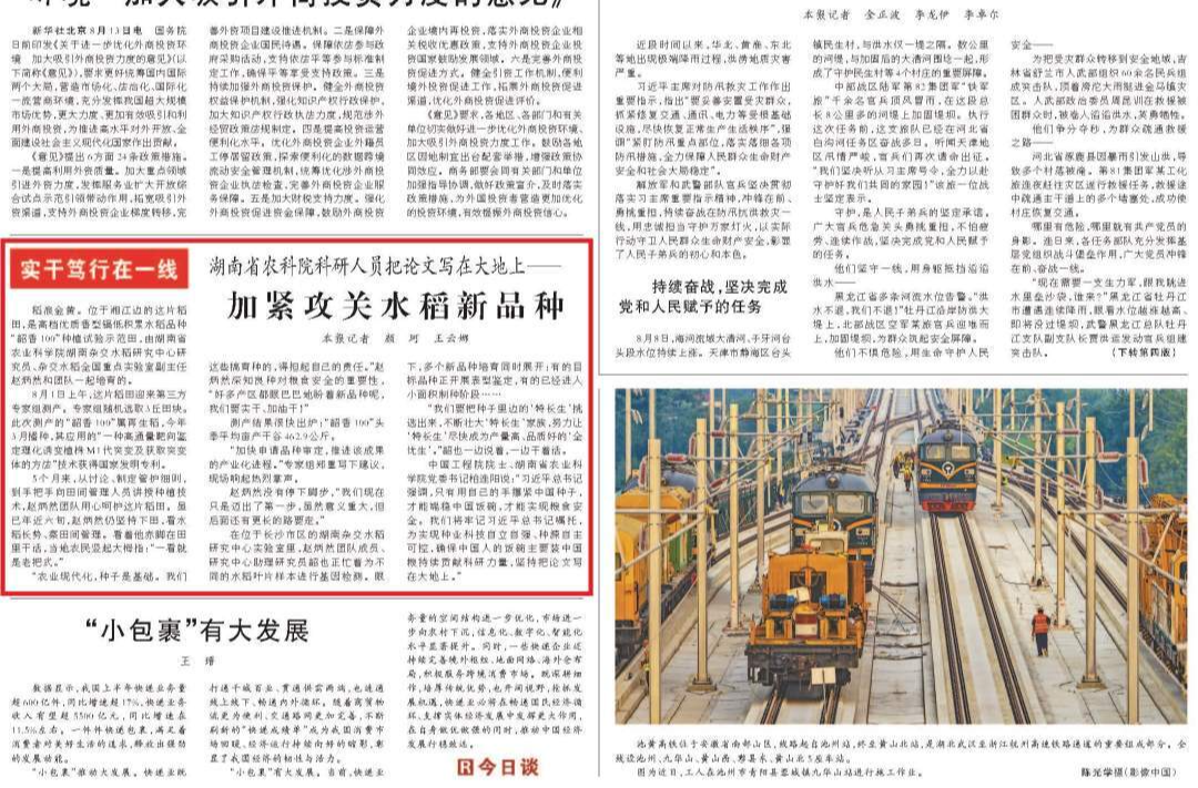 人民日报头版关注湖南丨科研人员加紧攻关水稻新品种